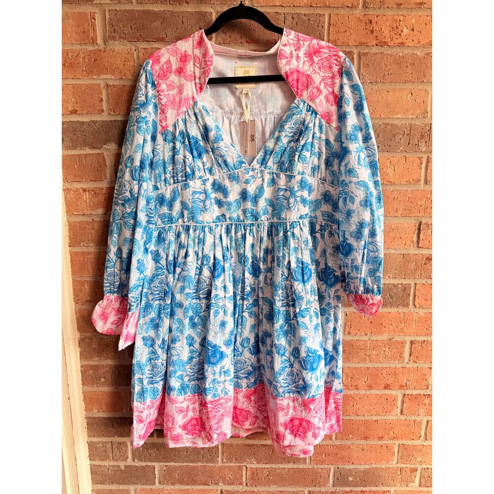 Simply Southern Floral Blue Pink Baby Doll Long Sleeve Dress Size Large